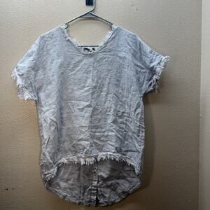 Tempo Paris 100% Linen Coastal Beach Italian High‎ Low Top Fringe Tunic Sz S/M